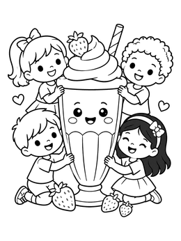 A summer kawaii coloring page featuring cheerful kids hugging a giant smiling milkshake.
