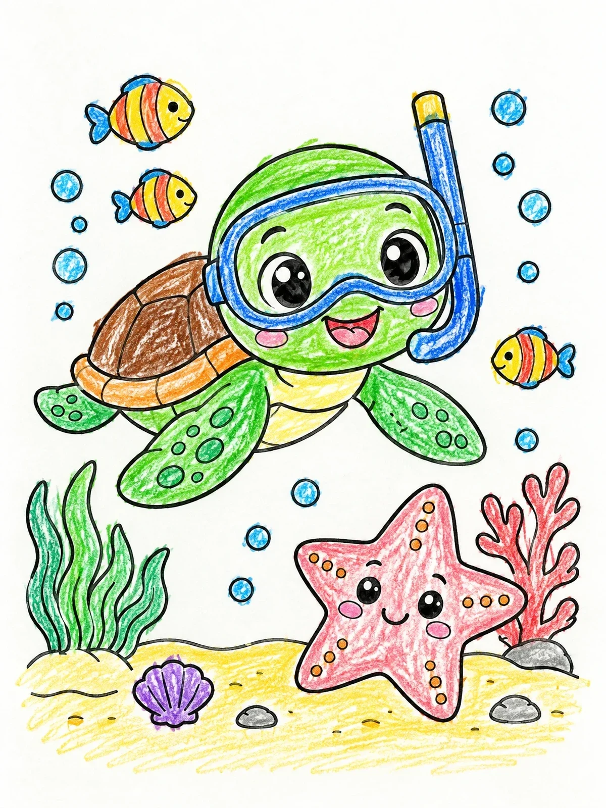 Colored example of the Snorkeling Sea Turtle And Cute Starfish coloring page