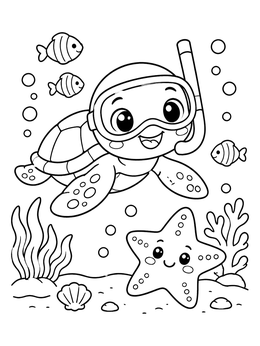 A cheerful summer kawaii coloring page featuring a snorkeling sea turtle and a smiling starfish underwater.