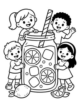 Free printable Kids With Giant Lemonade Jar coloring page