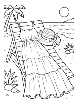 A sunny scene with a sun hat and a dress coloring page on a beach lounger.