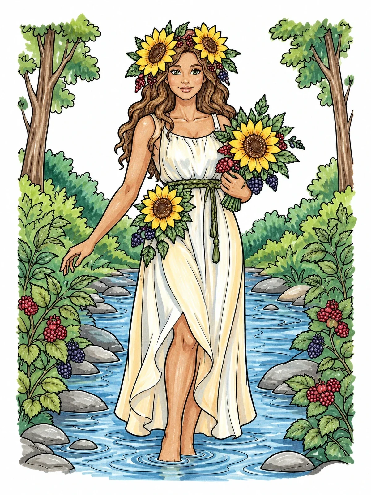 Colored example of the Summer Mother Nature In Woodland Stream coloring page