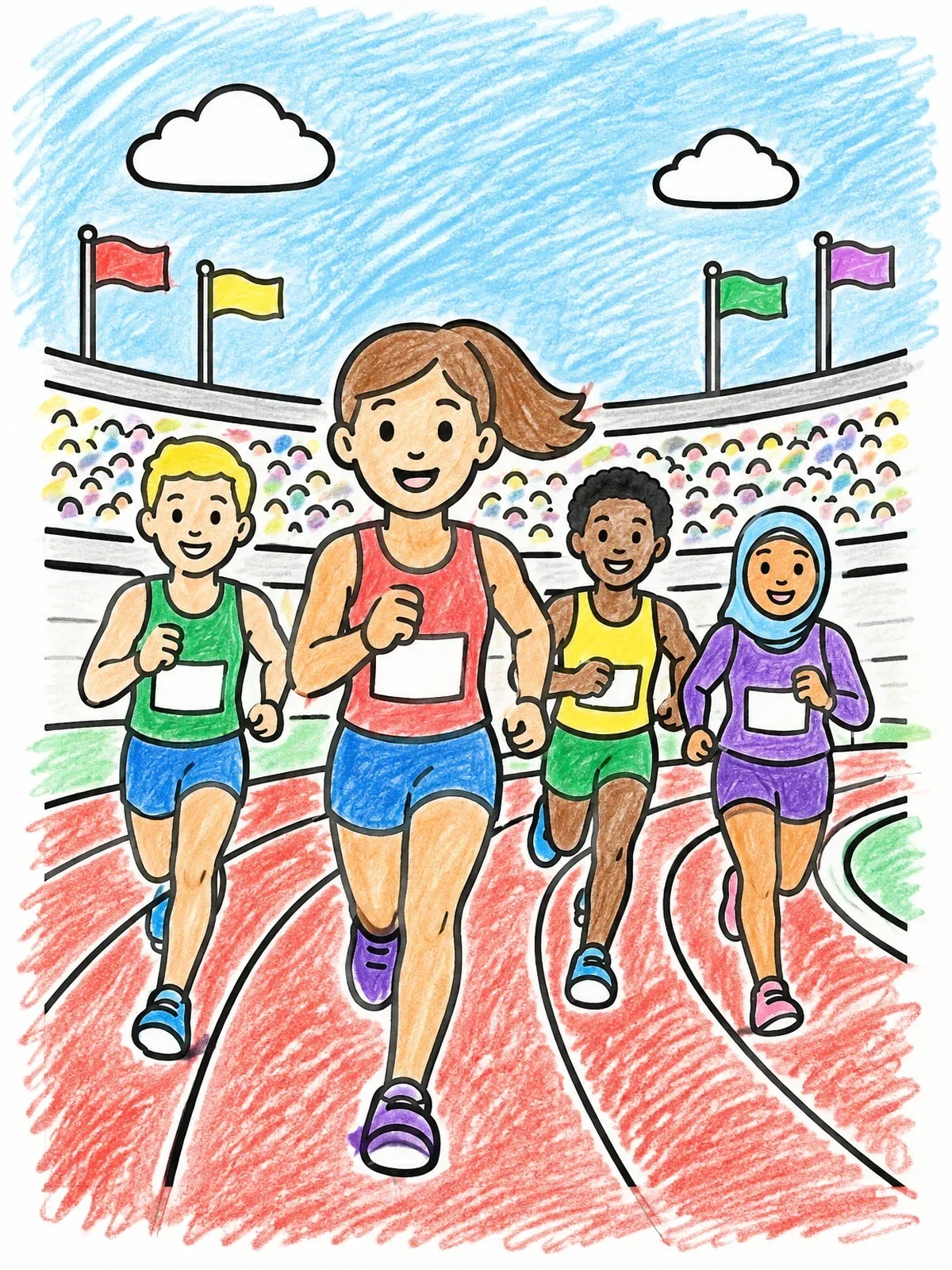 Colored example of the Athletes Running On Stadium Track coloring page