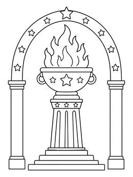 A summer olympic coloring page showing a burning ceremonial cauldron on a pedestal under an arch.