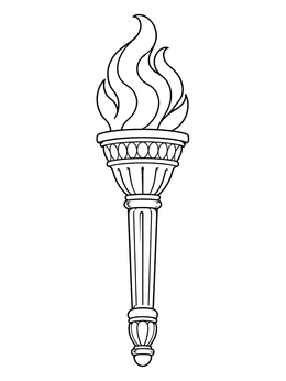 Detailed summer olympic coloring page showing an ornate ceremonial torch with bold flames.