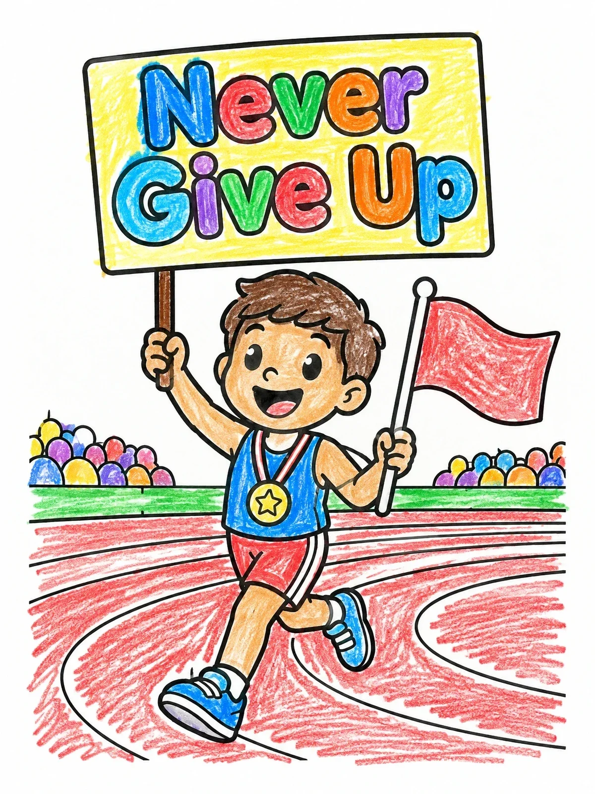 Colored example of the Champion Runner With Motivational Sign coloring page