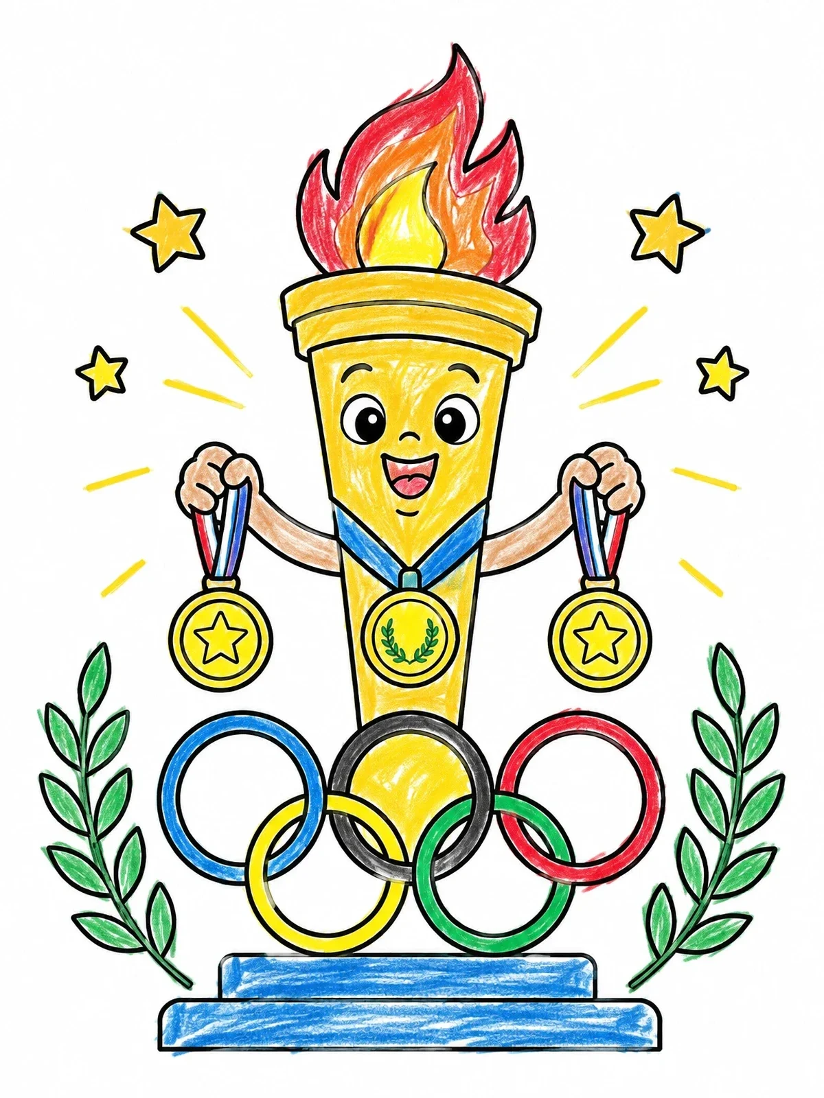 Colored example of the Cheerful Torch With Medals And Rings coloring page
