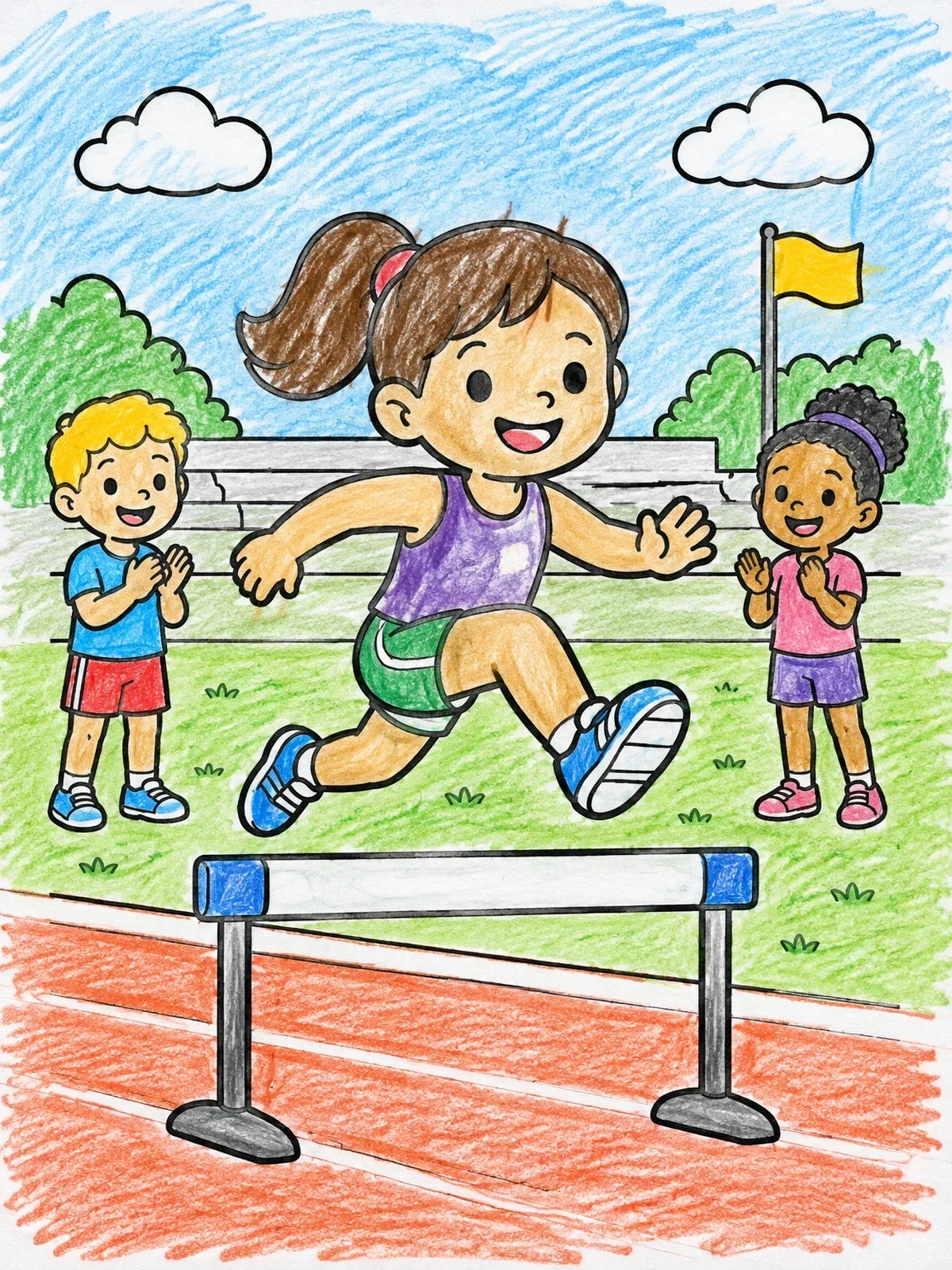 Colored example of the Girl Jumping Over Track Hurdle coloring page