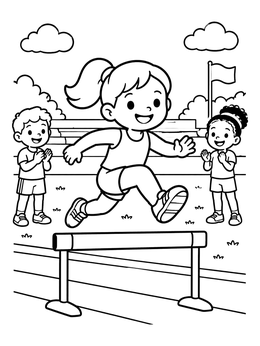 A cheerful girl jumps a hurdle on this summer olympic coloring page as friends cheer.