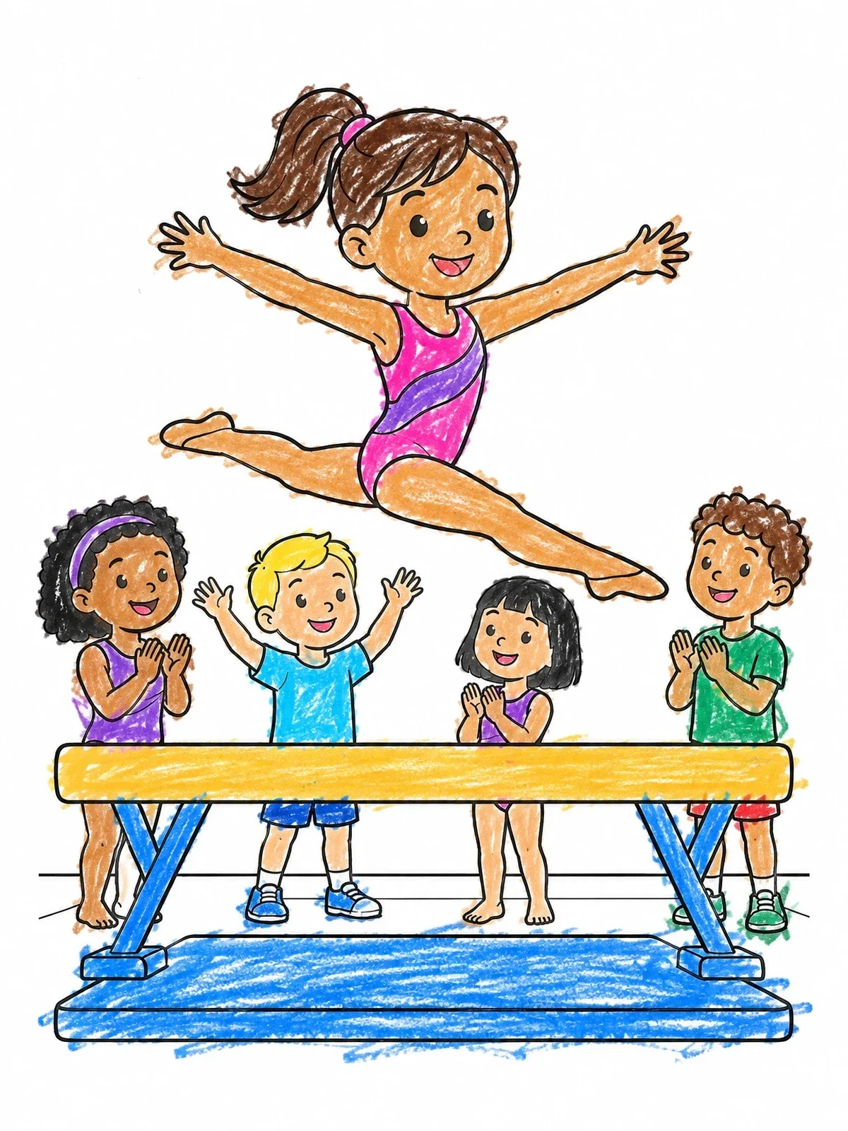 Colored example of the Gymnast Leaping Over Balance Beam coloring page
