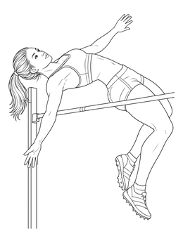 A summer olympic coloring page showing a female high jumper arching backwards gracefully over the crossbar.
