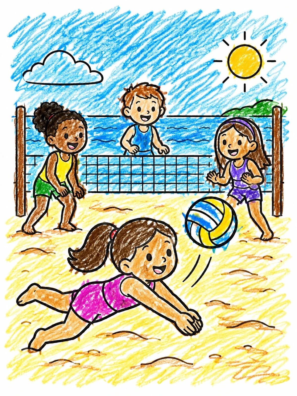 Colored example of the Kids Playing Beach Volleyball coloring page
