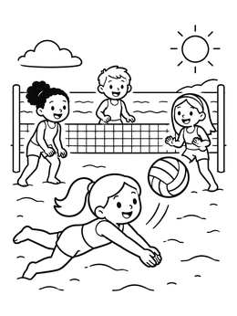 Kids playing beach volleyball under the sun in this summer olympic coloring page.