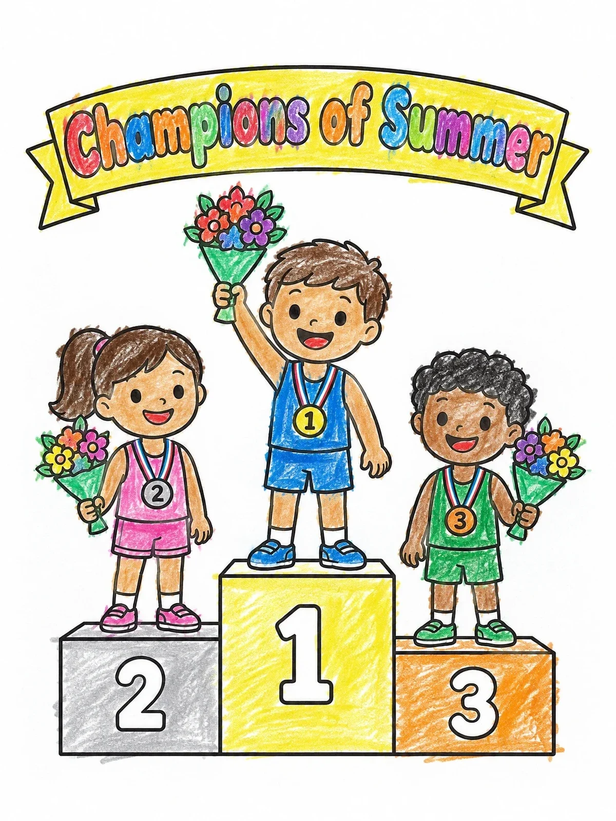 Colored example of the Kids Celebrating On The Winners Podium coloring page