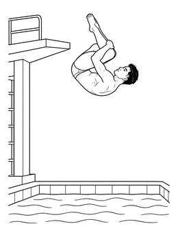 A summer olympic coloring page showing a male athlete doing a flip dive above a swimming pool.