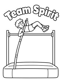 A summer olympic coloring page showing a boy pole vaulting over a high bar above a mat.