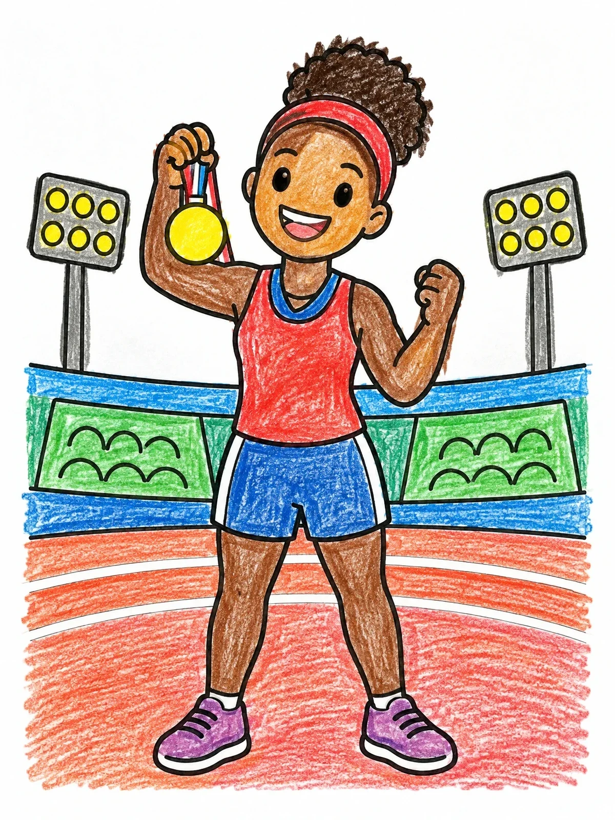 Colored example of the Smiling Athlete Celebrating With Medal coloring page