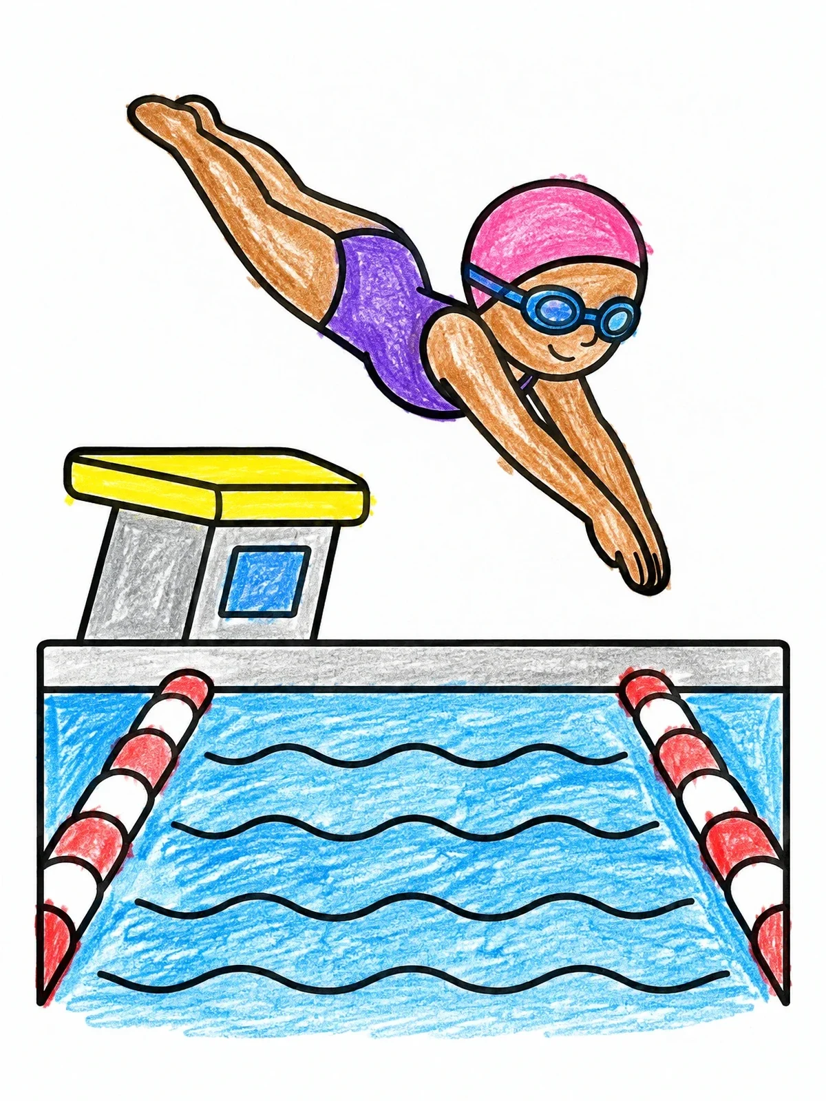 Colored example of the Swimmer Diving Into Pool coloring page