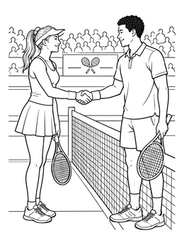 Two tennis competitors meet at the net in this summer olympic coloring page.