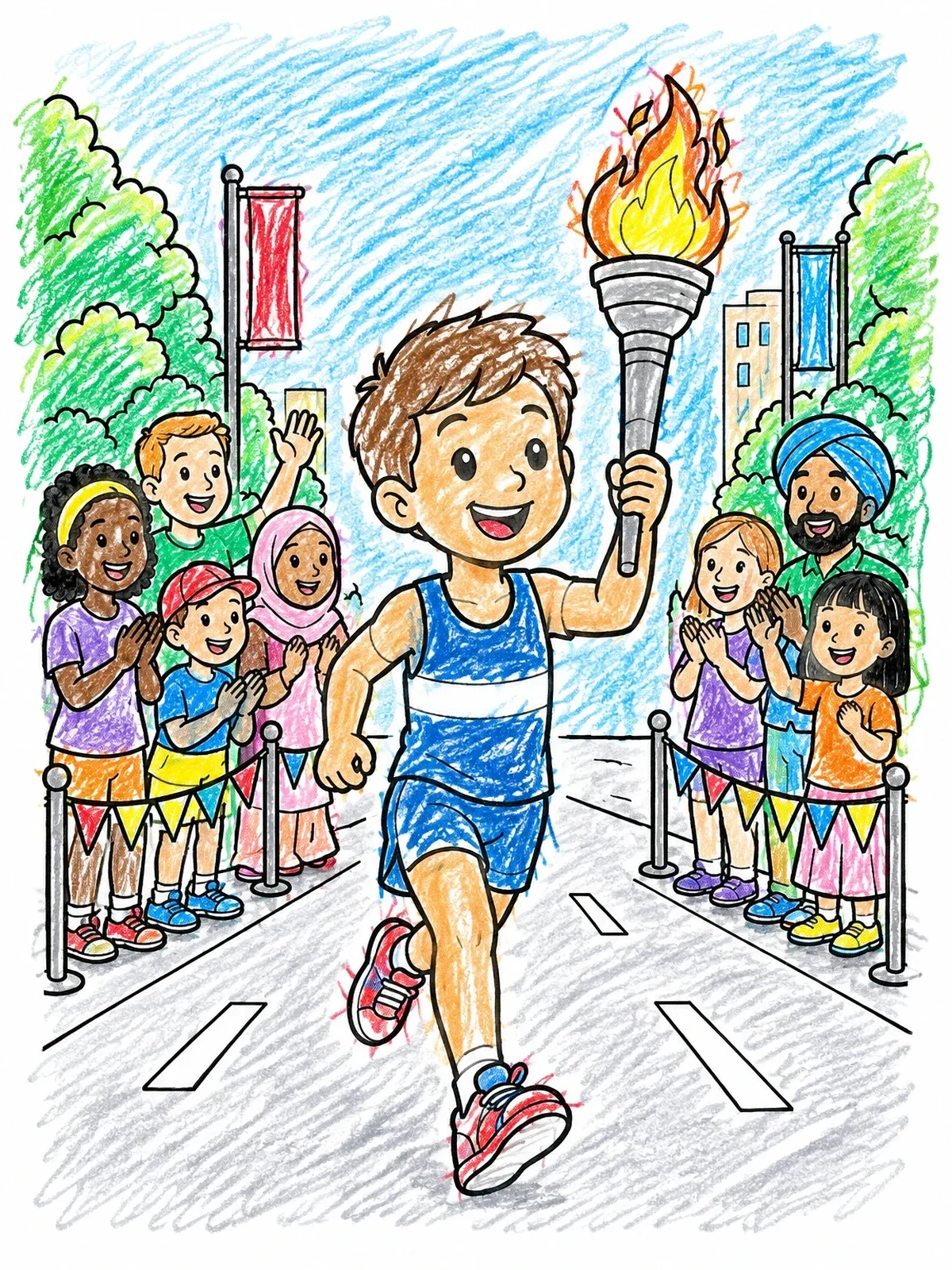 Colored example of the Torch Runner Cheered By Crowd coloring page