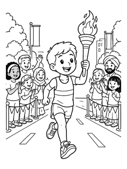 A cheerful runner in a summer olympic coloring page carries a blazing torch past happy spectators.