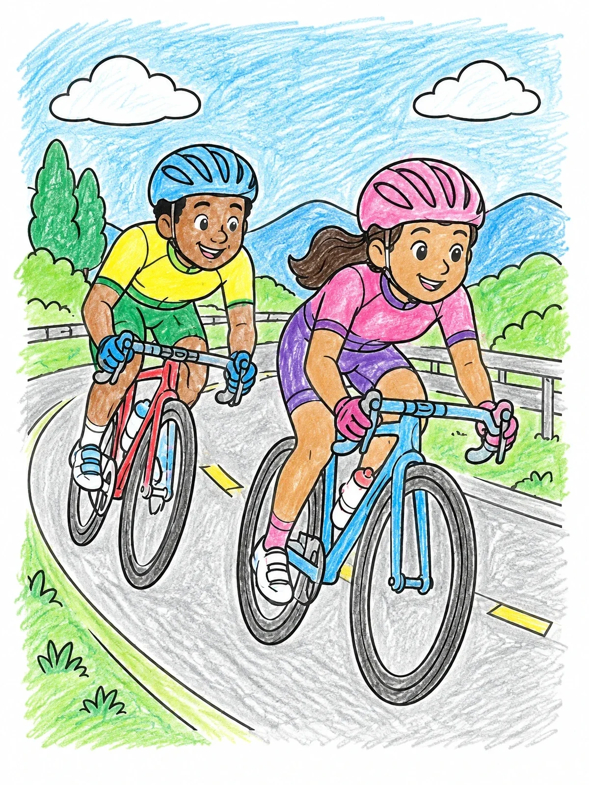 Colored example of the Cyclists Racing On Road Course coloring page