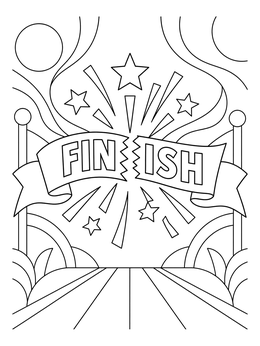 A summer olympic coloring page showing a snapped finish line ribbon with celebratory stars.