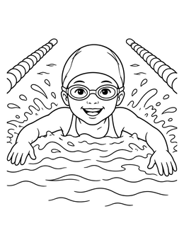 A summer olympic coloring page showing a smiling young child swimming in a lane with goggles and splashes.