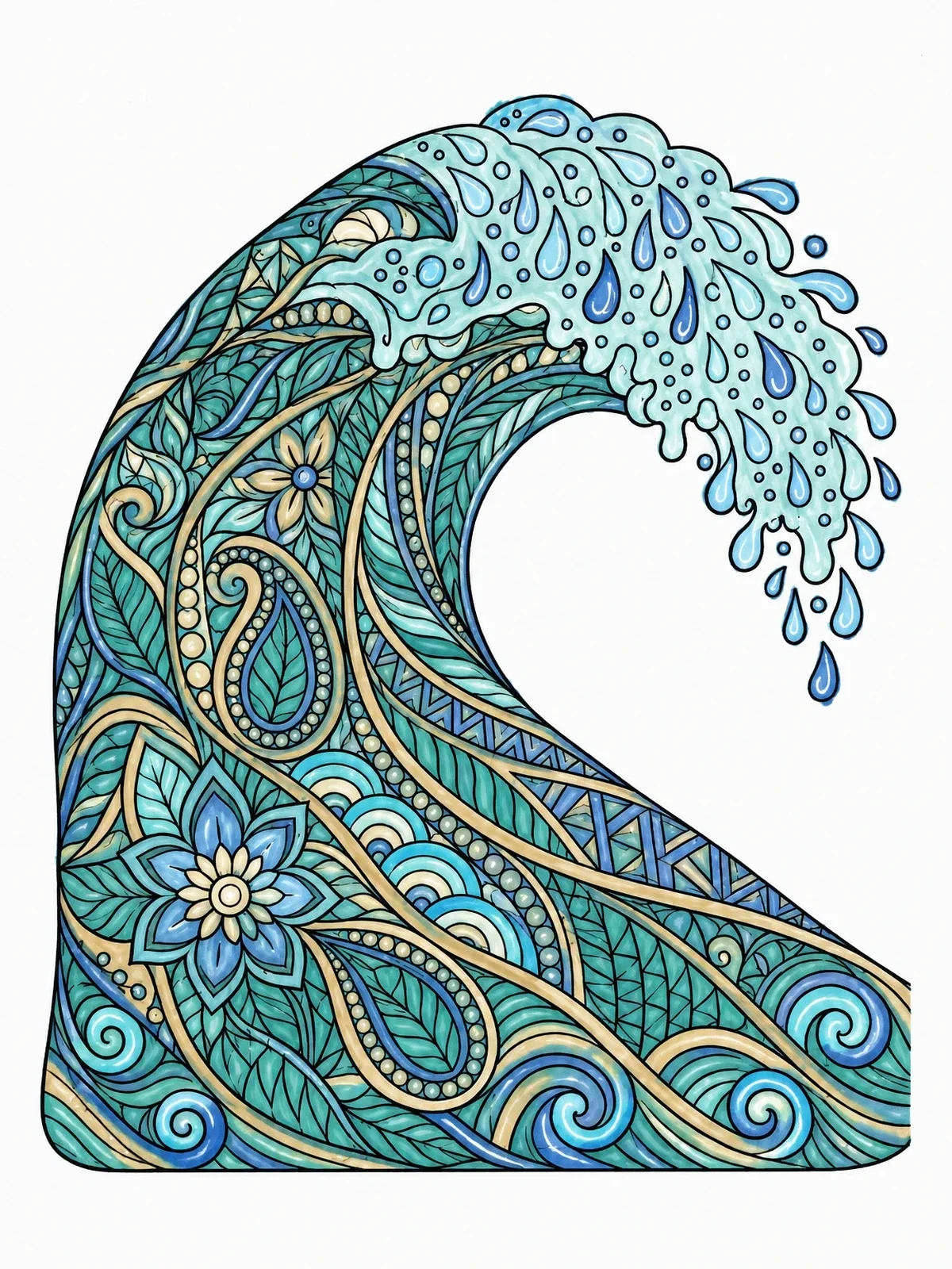 Colored example of the Intricate Ocean Wave Zentangle Art coloring page