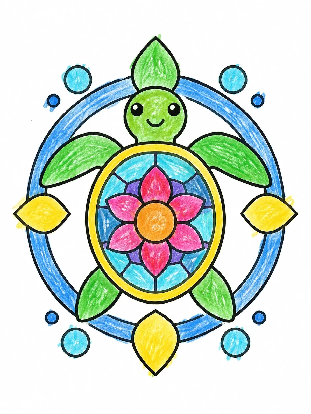 Colored example of the Cute Sea Turtle Mandala coloring page