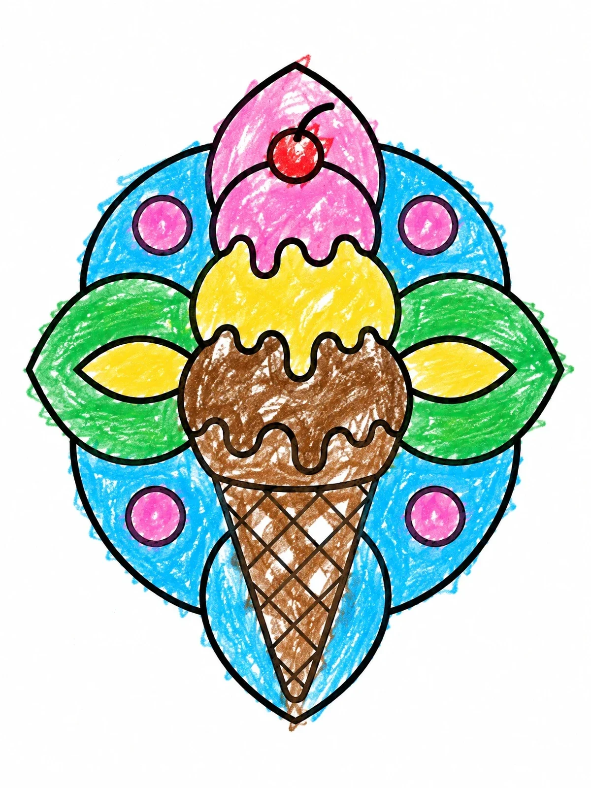 Colored example of the Ice Cream Cone Mandala Pattern coloring page