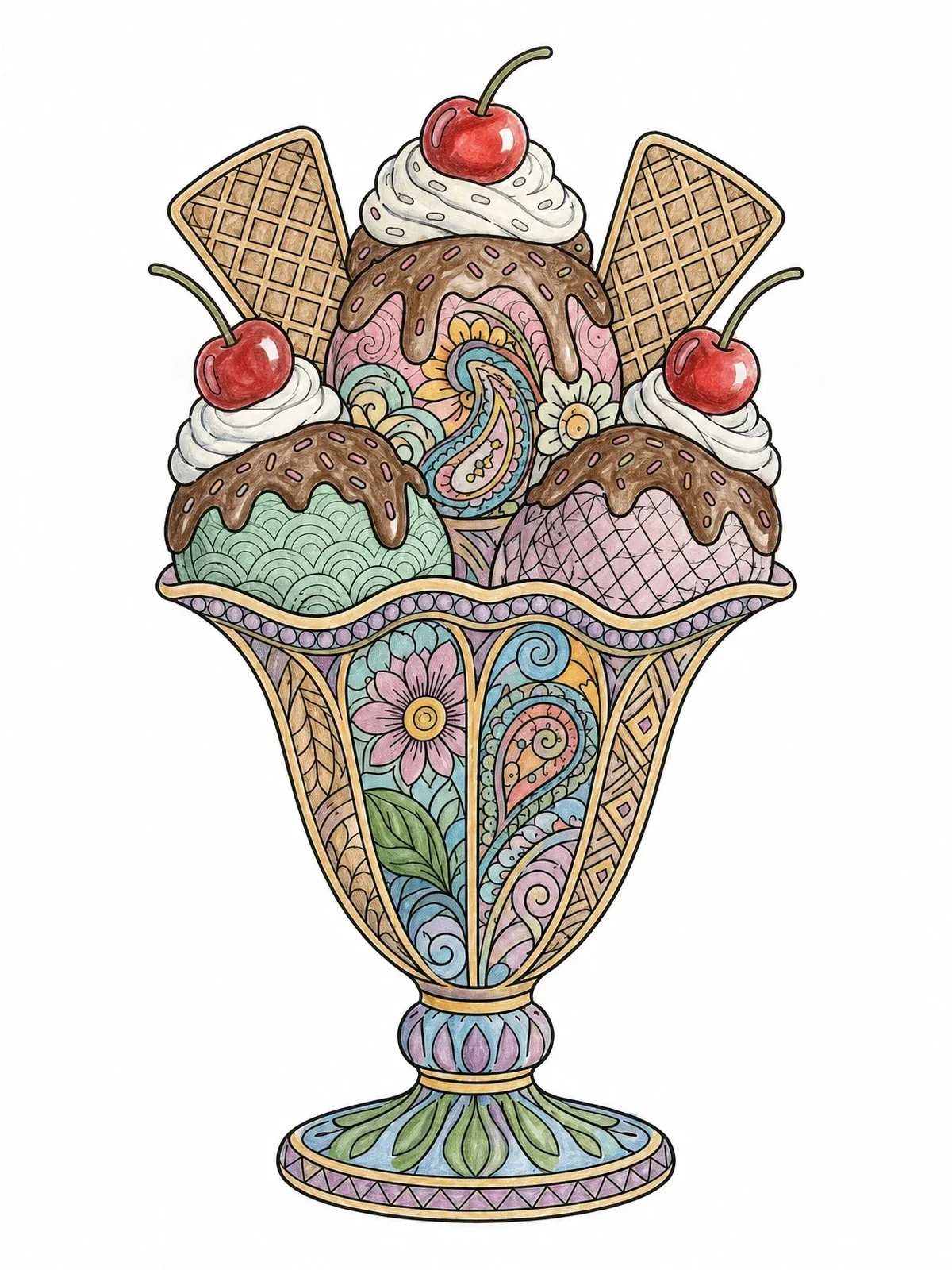 Colored example of the Intricate Ice Cream Sundae Glass coloring page