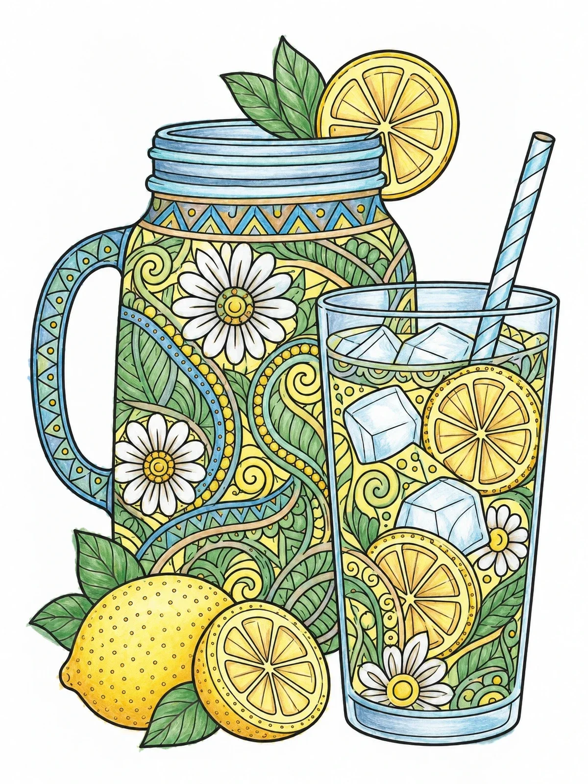 Colored example of the Intricate Lemonade Jar And Glass coloring page