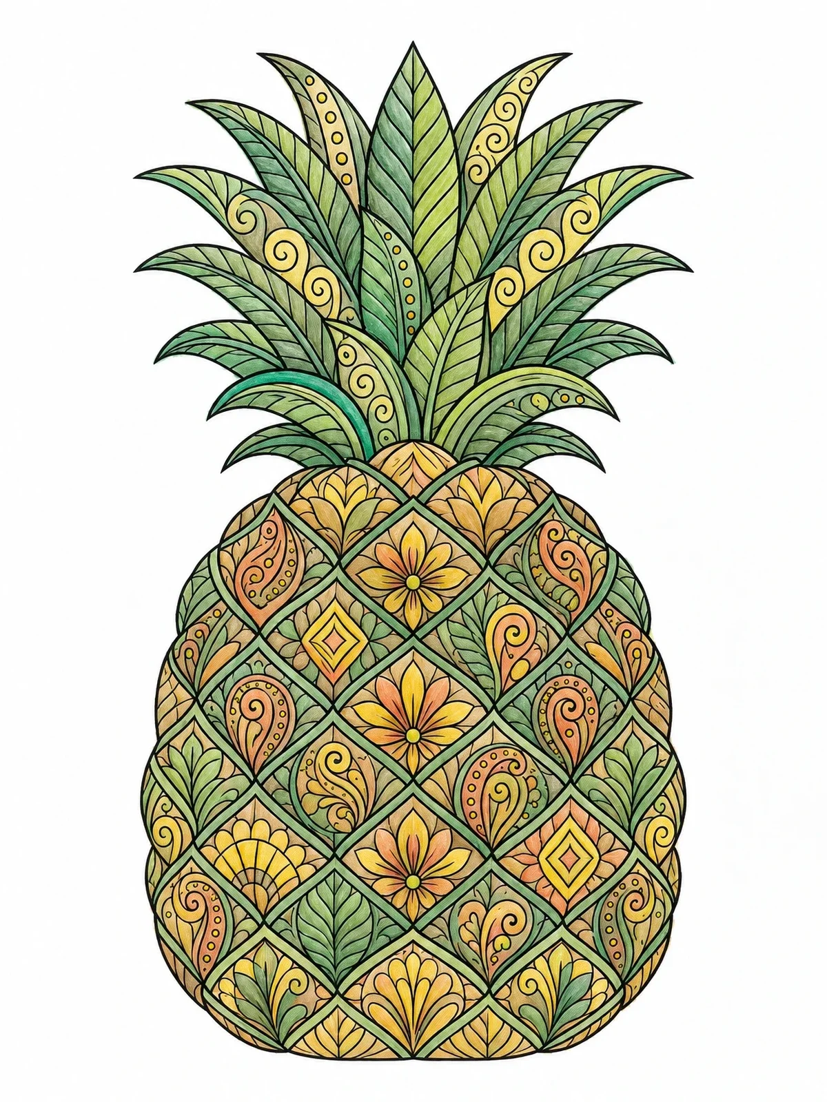 Colored example of the Intricate Mandala Pattern Pineapple coloring page