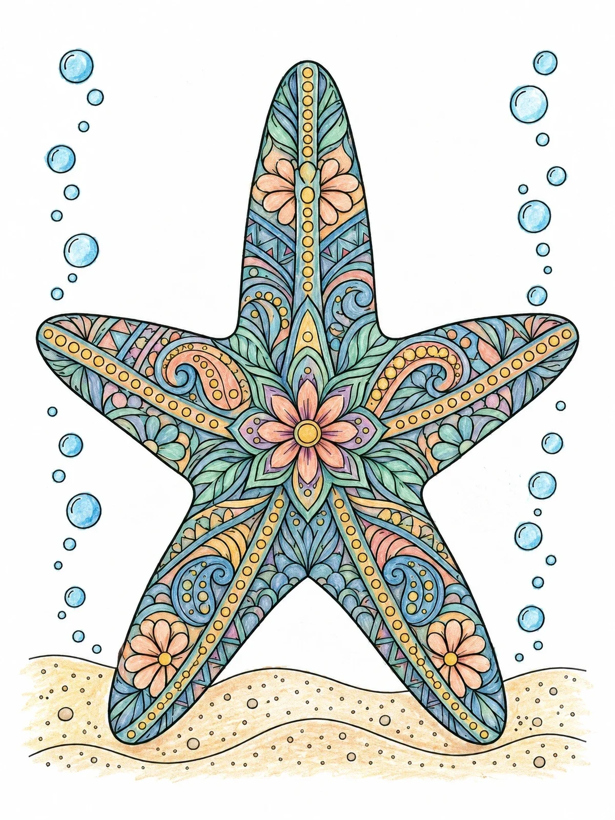 Colored example of the Intricate Mandala Starfish Underwater coloring page