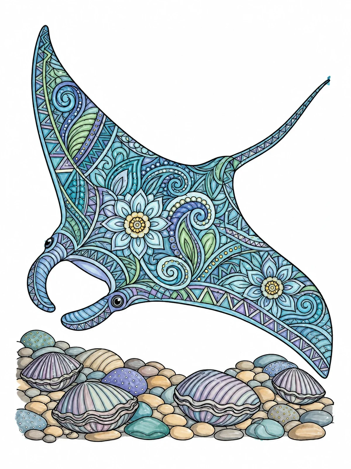 Colored example of the Intricate Manta Ray Ocean Floor coloring page