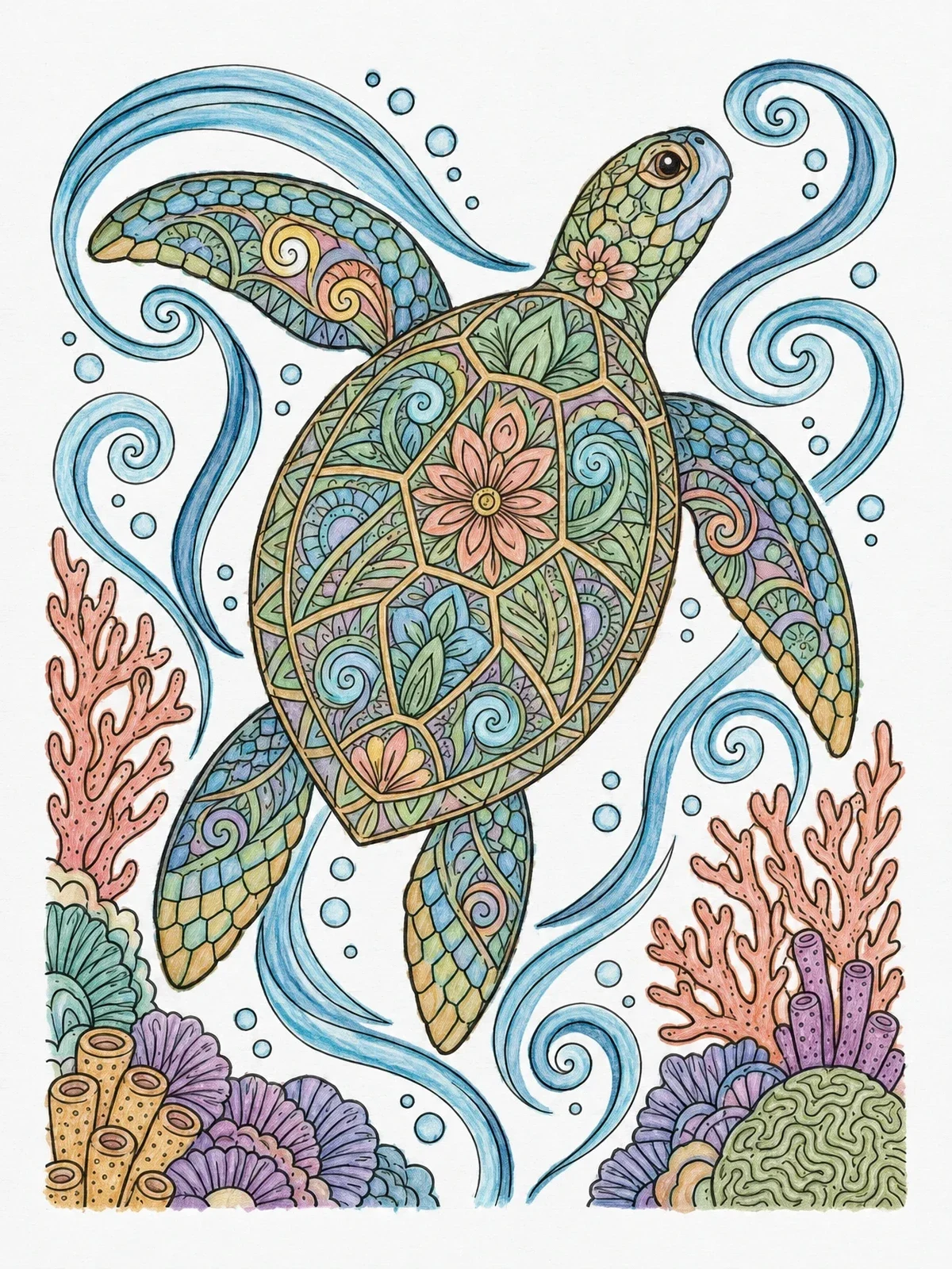 Colored example of the Intricate Sea Turtle In Coral Reef coloring page
