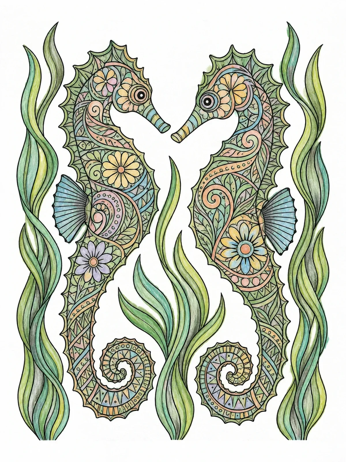 Colored example of the Intricate Seahorses In Ocean Weeds coloring page