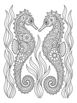 Free printable Intricate Seahorses In Ocean Weeds coloring page