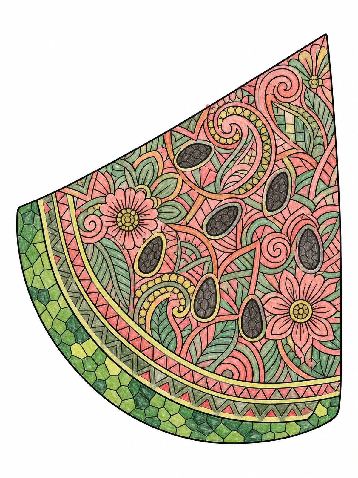Colored example of the Intricate Watermelon Slice Mandala coloring page