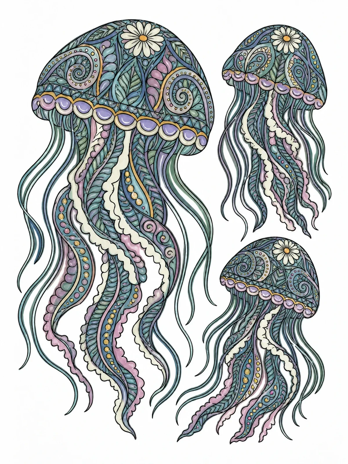 Colored example of the Intricate Zentangle Jellyfish Trio coloring page