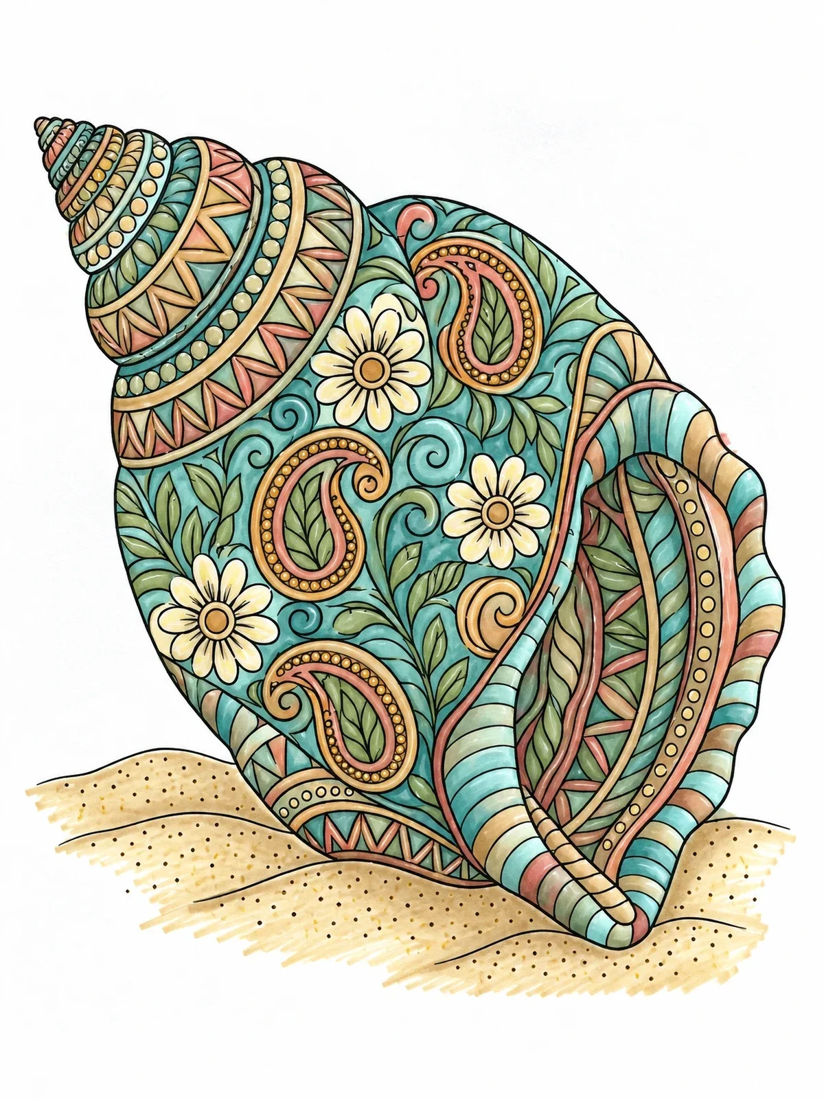Colored example of the Intricate Seashell On Sand coloring page