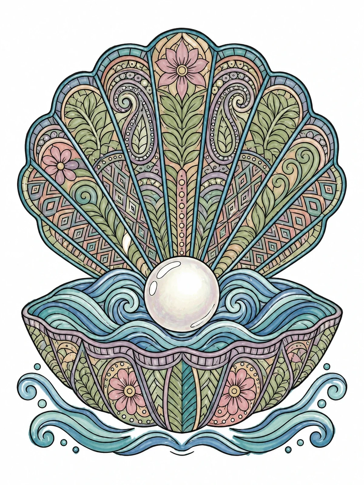 Colored example of the Ornate Seashell With Pearl coloring page