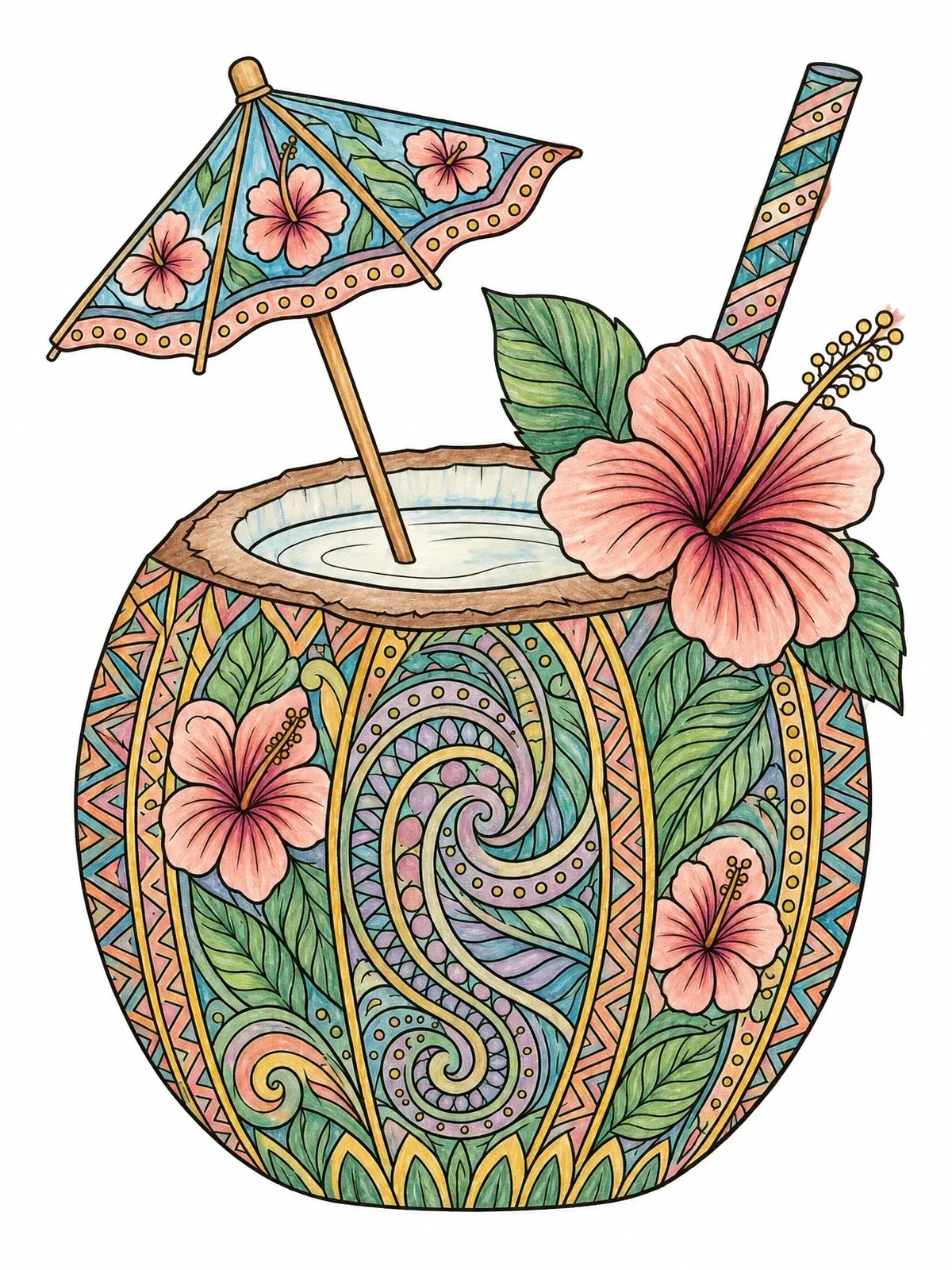 Colored example of the Tropical Coconut Drink With Hibiscus coloring page