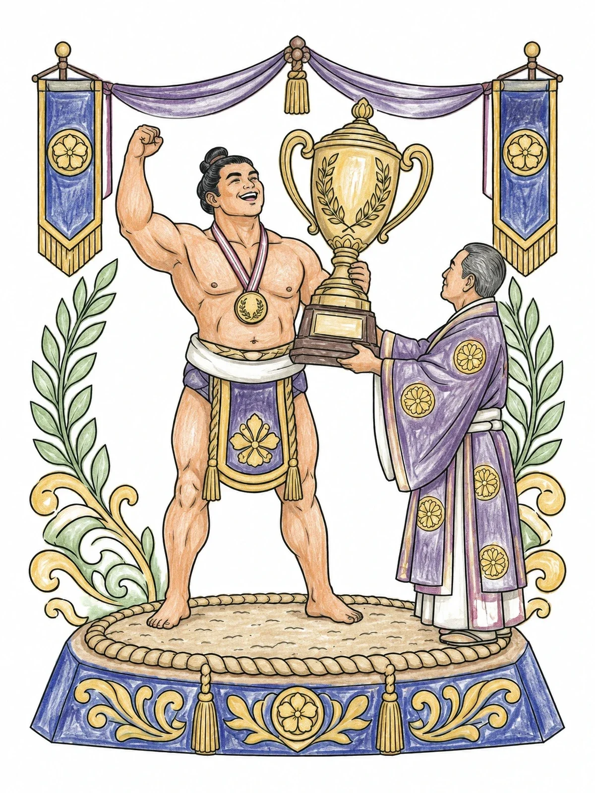 Colored example of the Sumo Champion Receiving Winner Trophy coloring page
