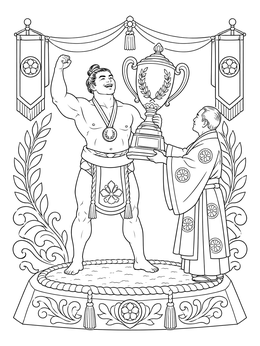 A victorious wrestler holds an award in this sumo wrestling coloring page.