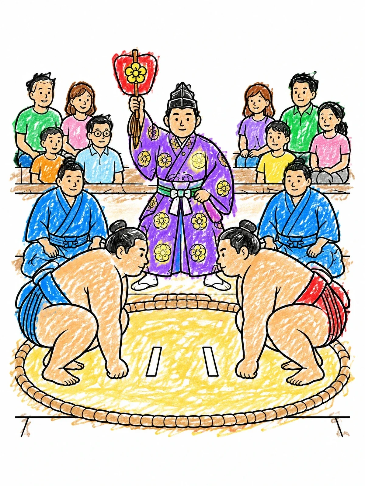 Colored example of the Sumo Referee And Wrestlers In The Ring coloring page