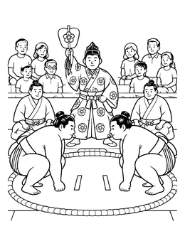 Free printable Sumo Referee And Wrestlers In The Ring coloring page