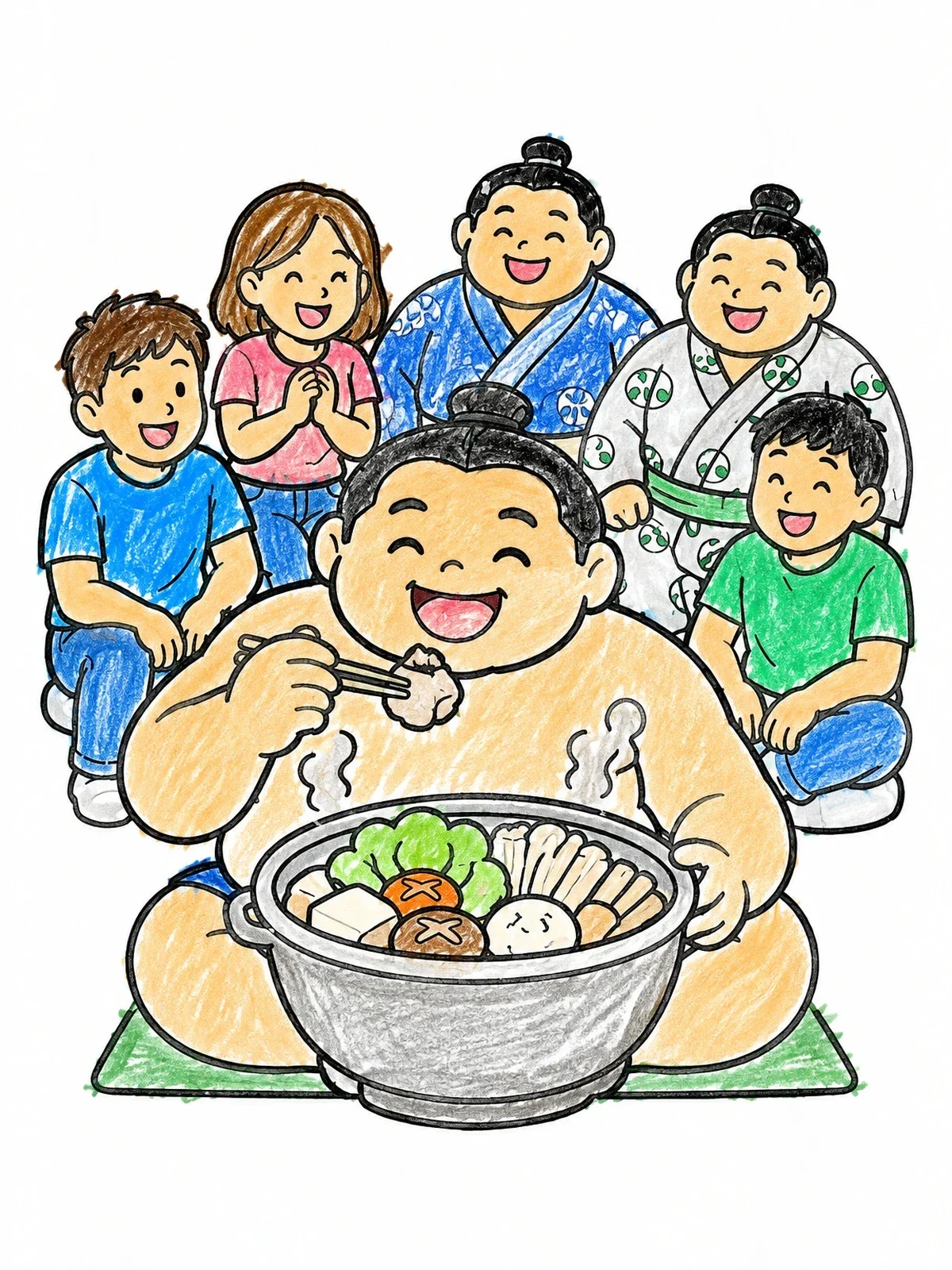Colored example of the Sumo Wrestler Eating Hot Pot Stew coloring page