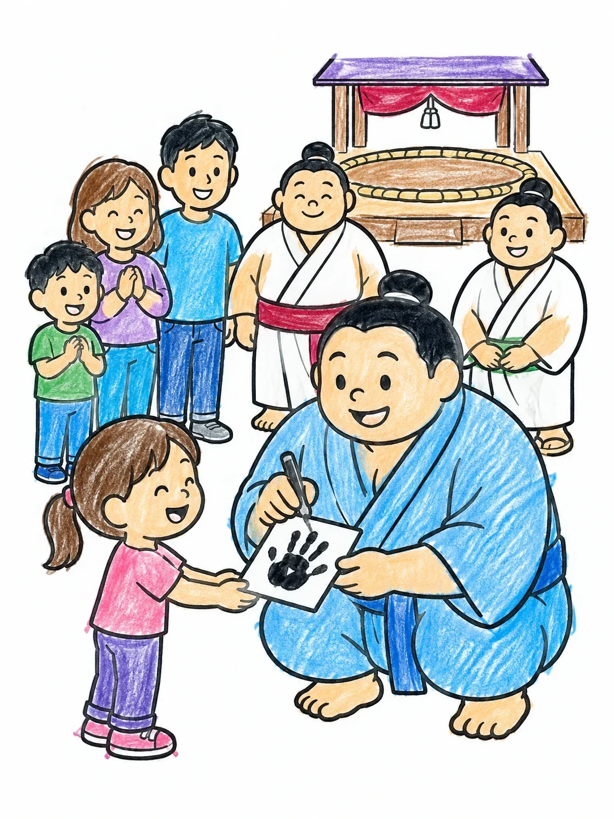 Colored example of the Sumo Wrestler Giving Autograph To Girl coloring page
